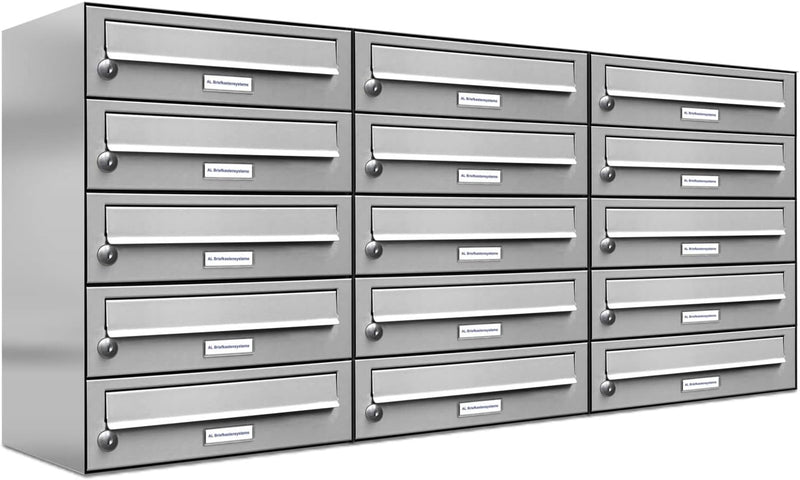 AL Briefkastensysteme 15er Briefkastenanlage Edelstahl, Premium Briefkasten DIN A4, 15 Fach Postkast