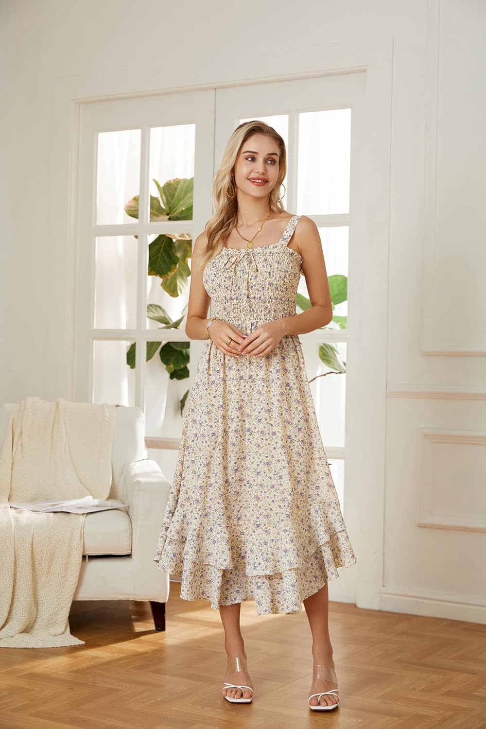 GRACE KARIN Damen langes Blumenkleid Ärmellos Spaghettiträger Freizeitkleid Böhmisch Maxikleid Stran