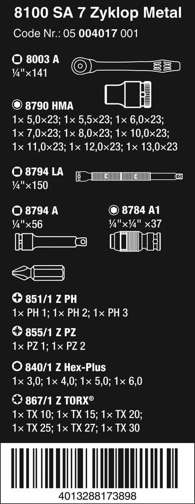 Wera 05004017001 8100 SA 7 Zyklop Metal-Knarrensatz Durchsteckvierkant, 1/4 Zoll -Antrieb, metrisch,