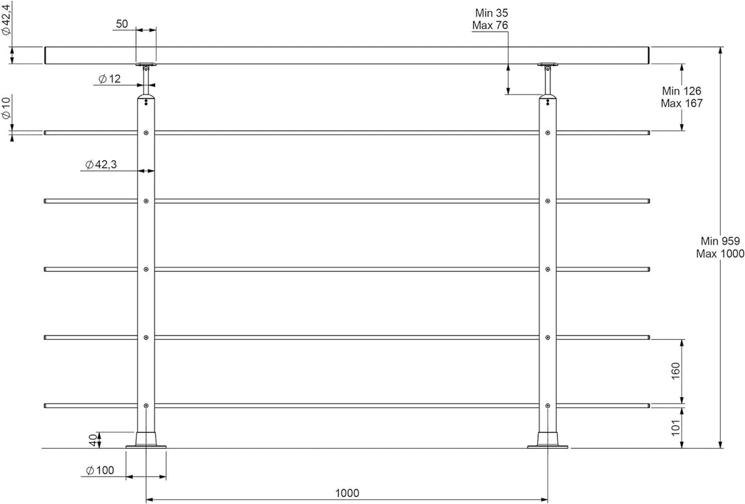 DOLLE Geländer Edelstahl Bodenmontage | Länge 1,5 m; Höhe 1 m | witterungsbeständig | für Treppe, Ba