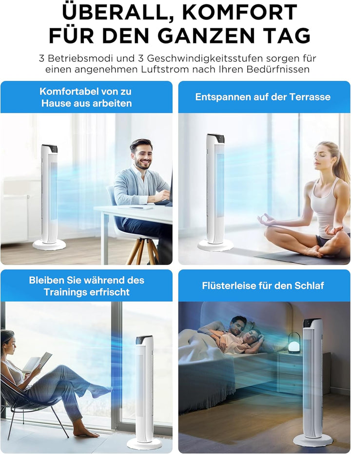 Midea FZ10-17JR(WH) Turmventilator Leise mit Fernbedienung 92CM, mobiler Lüfter,Ventilator Säulenven