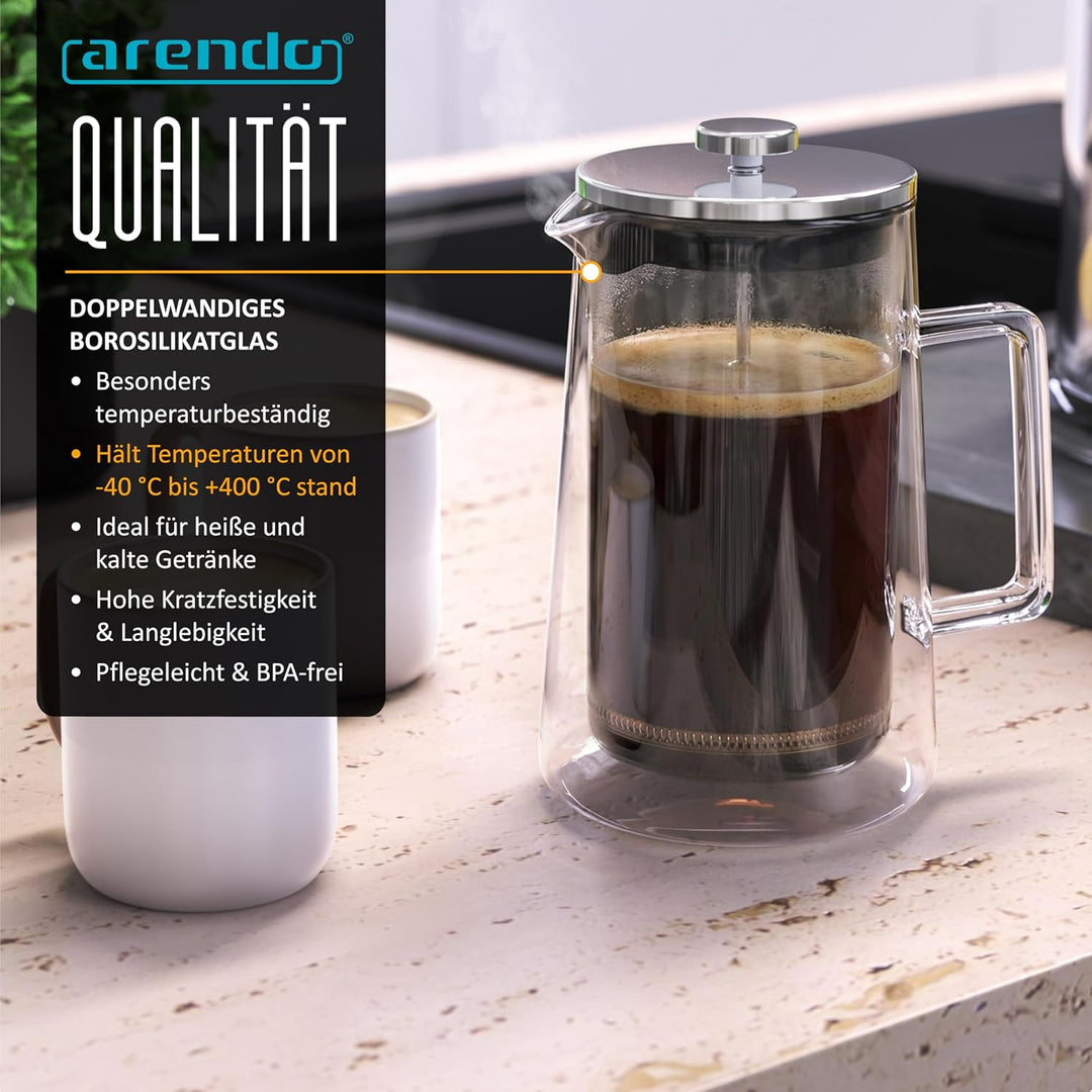 Arendo - French Press 1 Liter – Kaffeepresse - Thermo Doppelwand Design - aus Glas - Kaffeebereiter