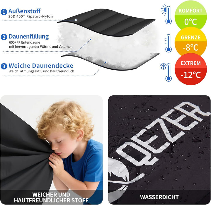 Daunenschlafsack,Warmer Leichter Winter Schlafsack 0°C bis -23°C für Erwachsener und Kind 4 Jahresze