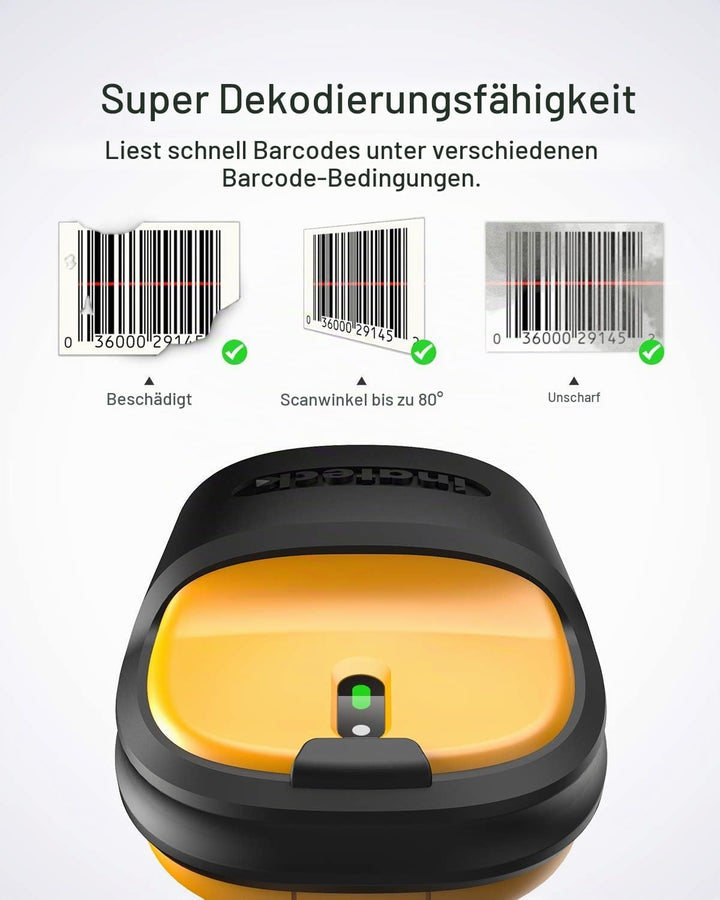 Inateck Barcode Scanner Wireless 2.4GHz, Akku mit 2600 mAh, 60 m Reichweite, automatisches Abtasten