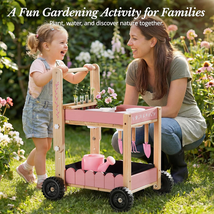 ROBOTIME Holz Gartenwagen für Kinder, Outdoor Garten-Trolley mit 4 Pflanzbechern & 4 Hydroponik-Reag