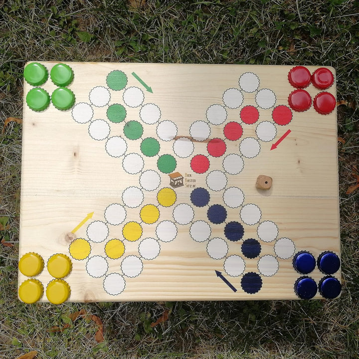 Bierkastensitz Raus mit dir inkl. Spielfiguren und Würfel als Geschenkidee, Sitzauflage aus Holz für
