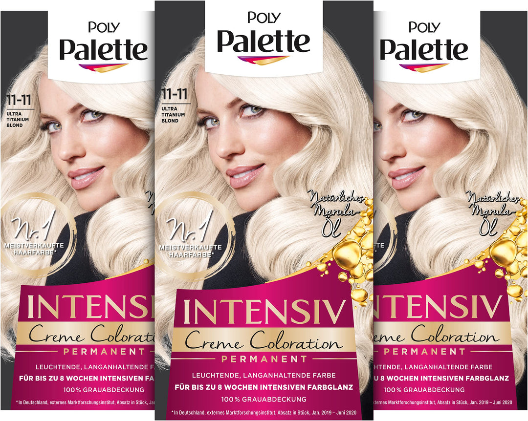 Palette Intensiv Creme Coloration 11–11 Ultra Titanium Blond Stufe 3 (3 x 115 ml), Permanente Haarfa