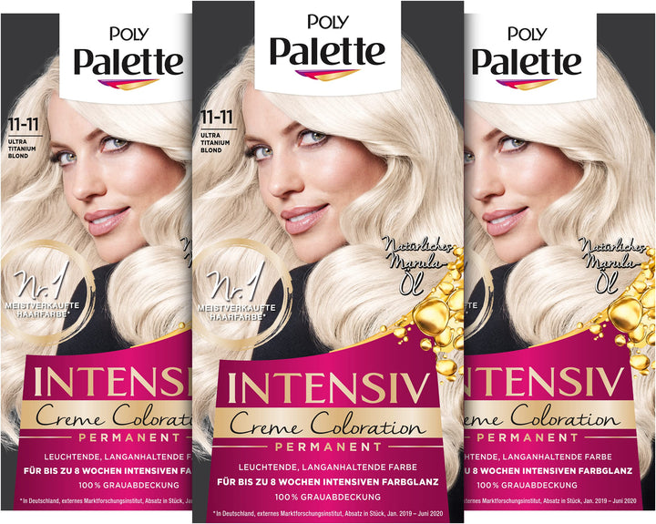 Palette Intensiv Creme Coloration 11–11 Ultra Titanium Blond Stufe 3 (3 x 115 ml), Permanente Haarfa