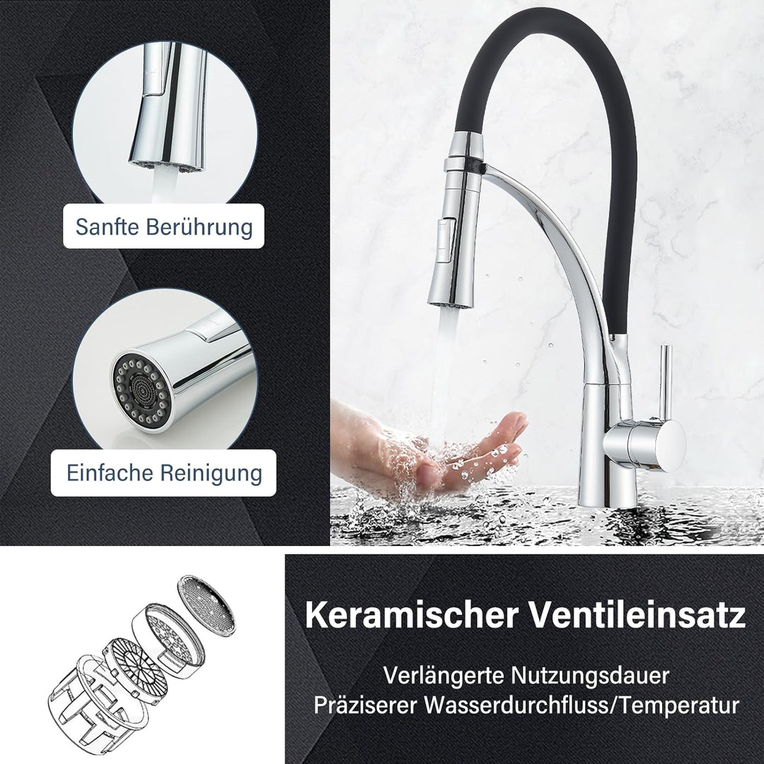Niederdruck Armatur Küche Spültischarmatur Chrom Flexibler Schwarz 360° Drehbare mit 2 Sprühfunktion