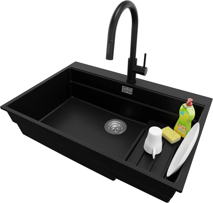 PRIMAGRAN Granitspüle Schwarz 78x53cm, Spülbecken 1 Becken + Ablauf-Set + Küchenarmatur 40x22cm, Küc