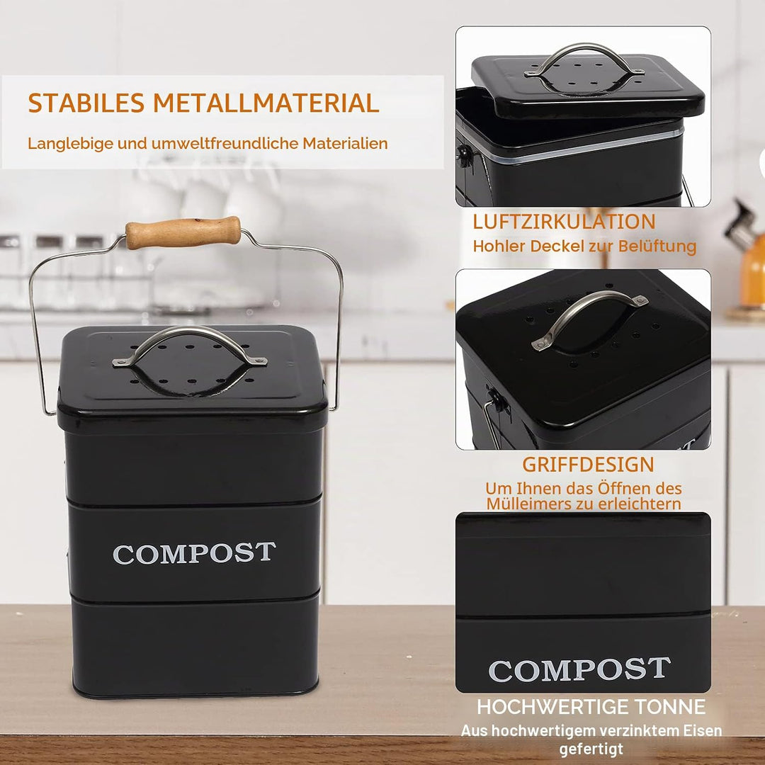 Biomülleimer Küche -6l-Enthält Einen Aktivkohlefilter Küchenkomposter - Metall Bio Mülleimer Klein M