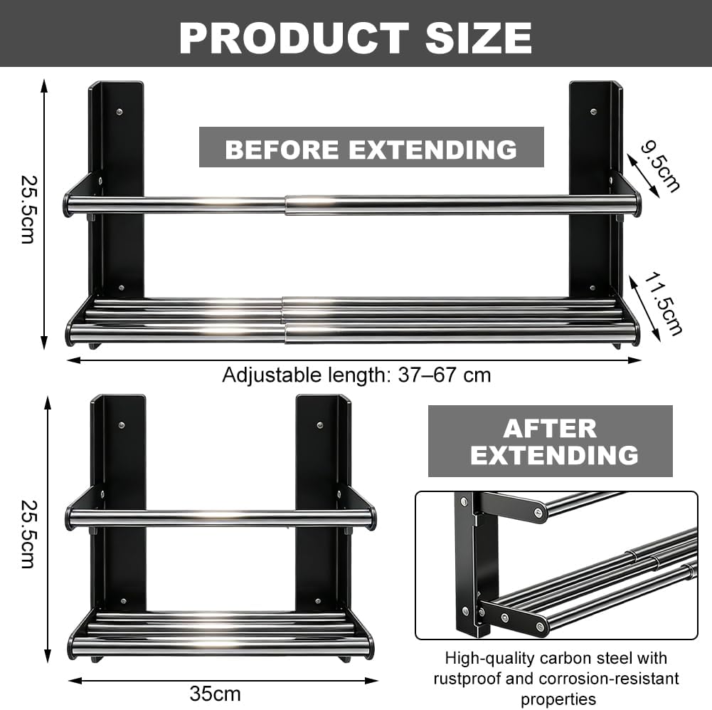 Schuhregal Wandmontage Ausziehbar 37-67cm, Schuhhalter Metall Schwarz, Mini Schuhregal Schmales 2 Eb