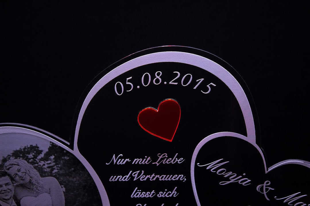 Acryl Schild in Herz Form "Hochzeitstag" mit Foto-Lasergravur, Geschenk, 205 mm x 170 mm (Hochzeitss