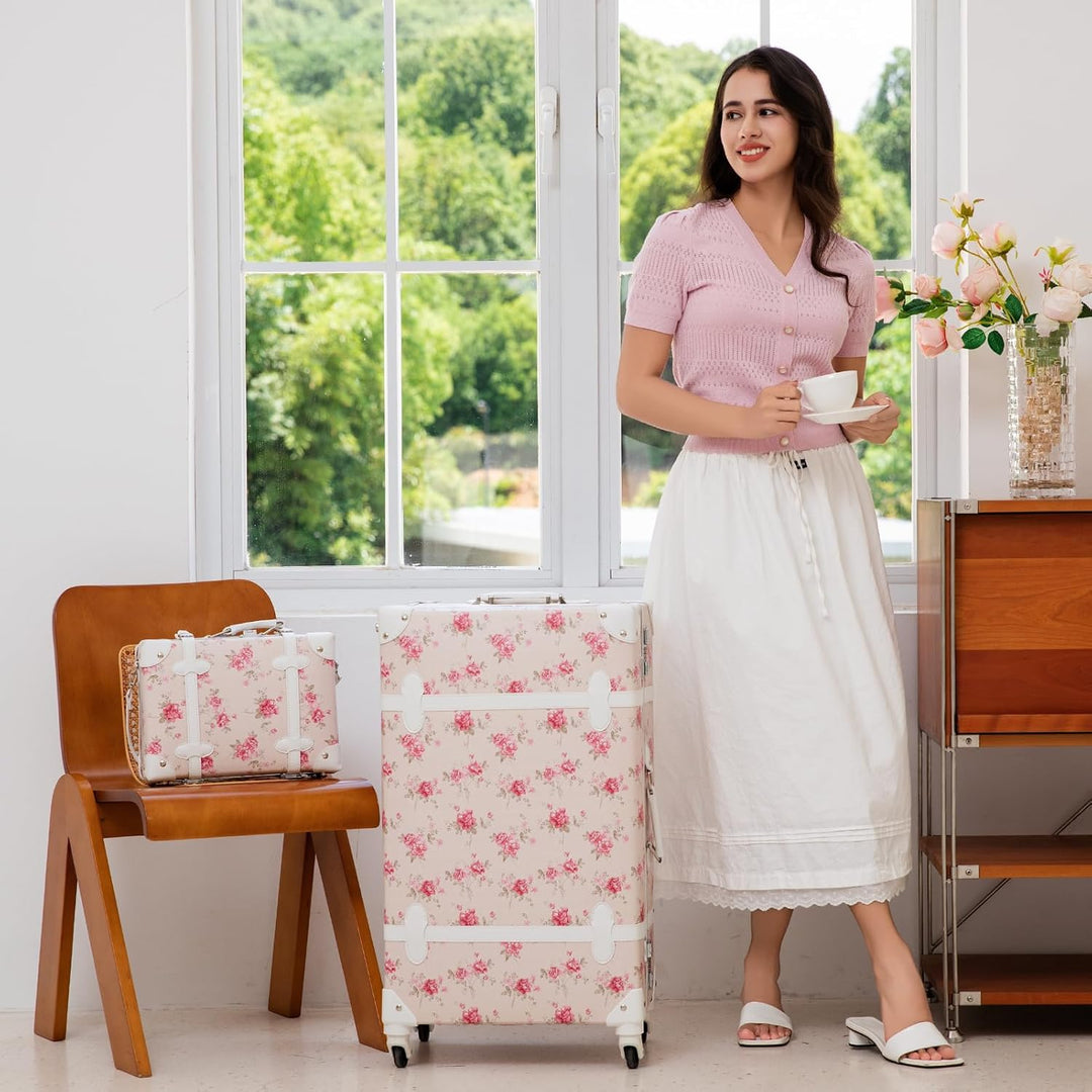 Urecity Koffer Vintage mit Rollen Trolley Koffer Reisekoffer Leicht Retro Hartschalen Koffer 2-Teili