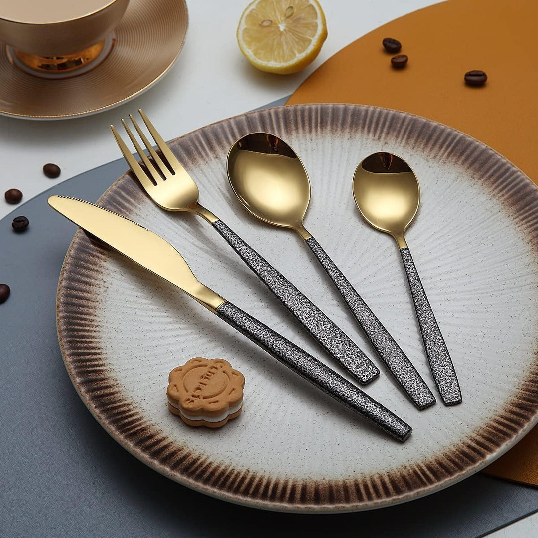 Besteckset 24 Stück Glänzende Goldkopfbeschichtung mit Schwarzem Marsgriff, Edelstahl Titanbeschicht