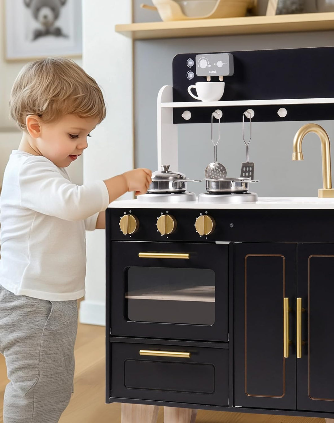 ROBUD Spielküche Holz für Kinder, Modern Marmor-Stil Kinderküche mit Realistischem Ofen, Herd & Kaff