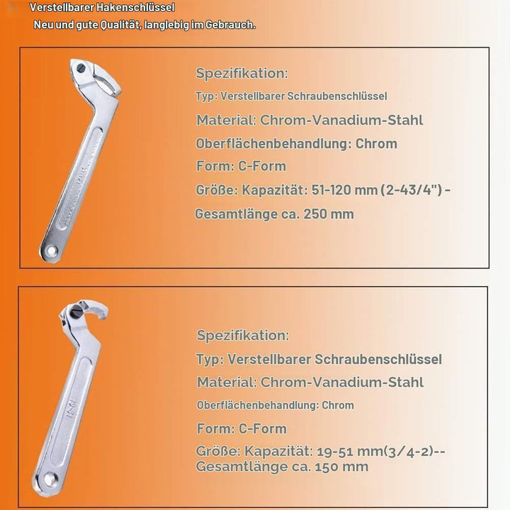 Poweka C Verstellbar Hakenschlüssel 4 Stück Schraubenschlüssel Enthält 3/4-2", 1 1/4-3", 2-4 3/4", 4