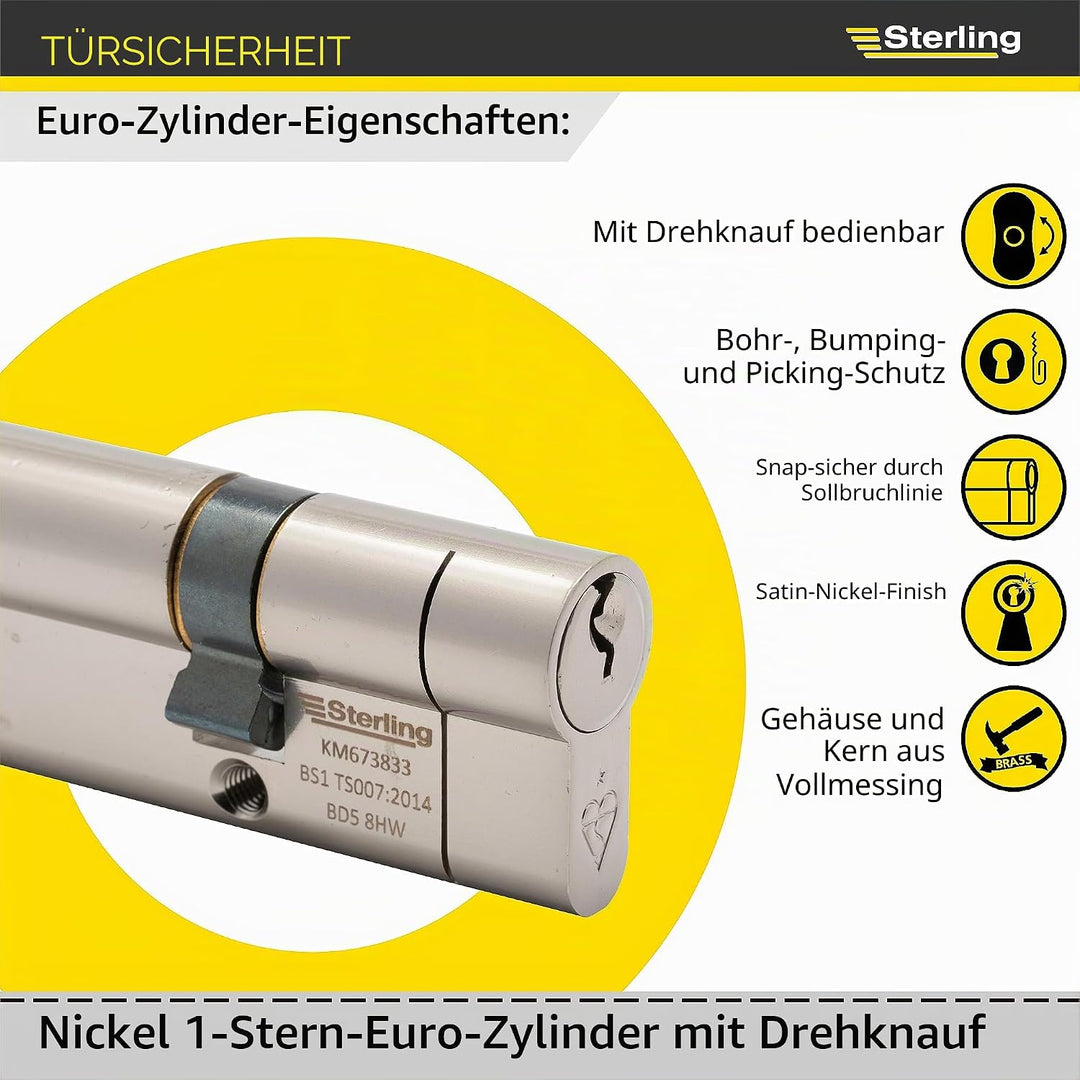 Sterling Int Ext BS1 ETN4040 Knaufzylinder, satiniertes Nickel, innen 40 mm, aussen 50 mm (90 mm ins