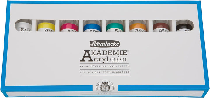 Schmincke – AKADEMIE Acryl, Grundsortiment 8 x 60 ml-Tuben, 76 011 097, Kartonset, brillante, farbst