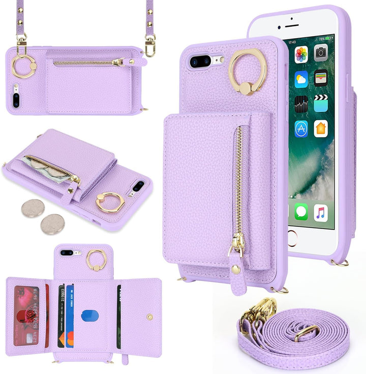 ELTEKER Handyhülle für iPhone 7 Plus/8 Plus Hülle mit Band Kartenfach Handykette Geldbörse,Leder Kla