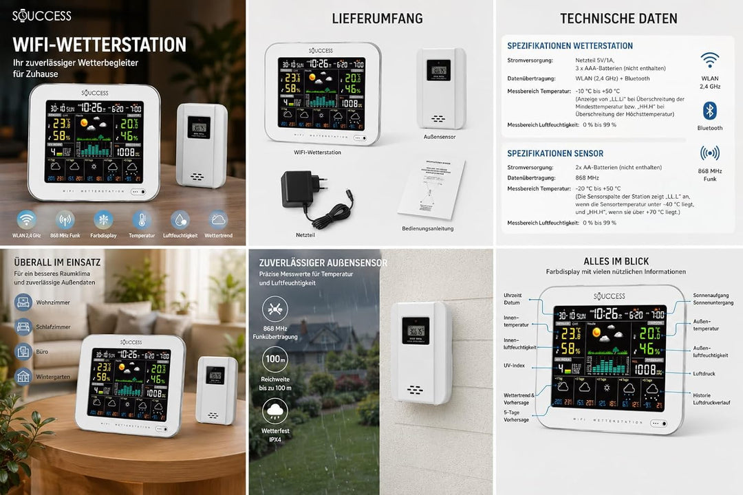 SOUCCESS Smarte Wetterstation Deluxe weiss mit Aussensensor – WiFi Funkwetterstation mit Tuya Smart