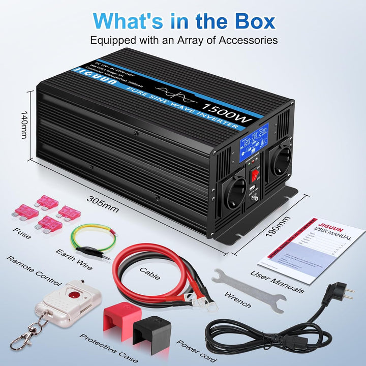 JIGUUN 1500W 3000W Wechselrichter Reiner Sinus Spannungswandler 12V 230V Mit 30A-Ladegerät und Netzv