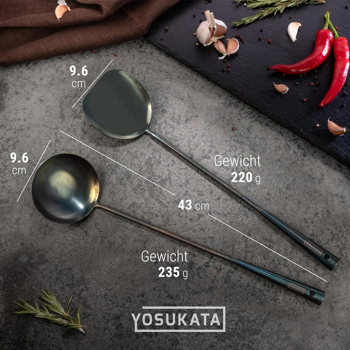 YOSUKATA Wok-Utensilien-Set – blauer Karbonstahl, 43,2 cm, Wok-Spatel, Wok-Schöpflöffel, 3 Paar Esss