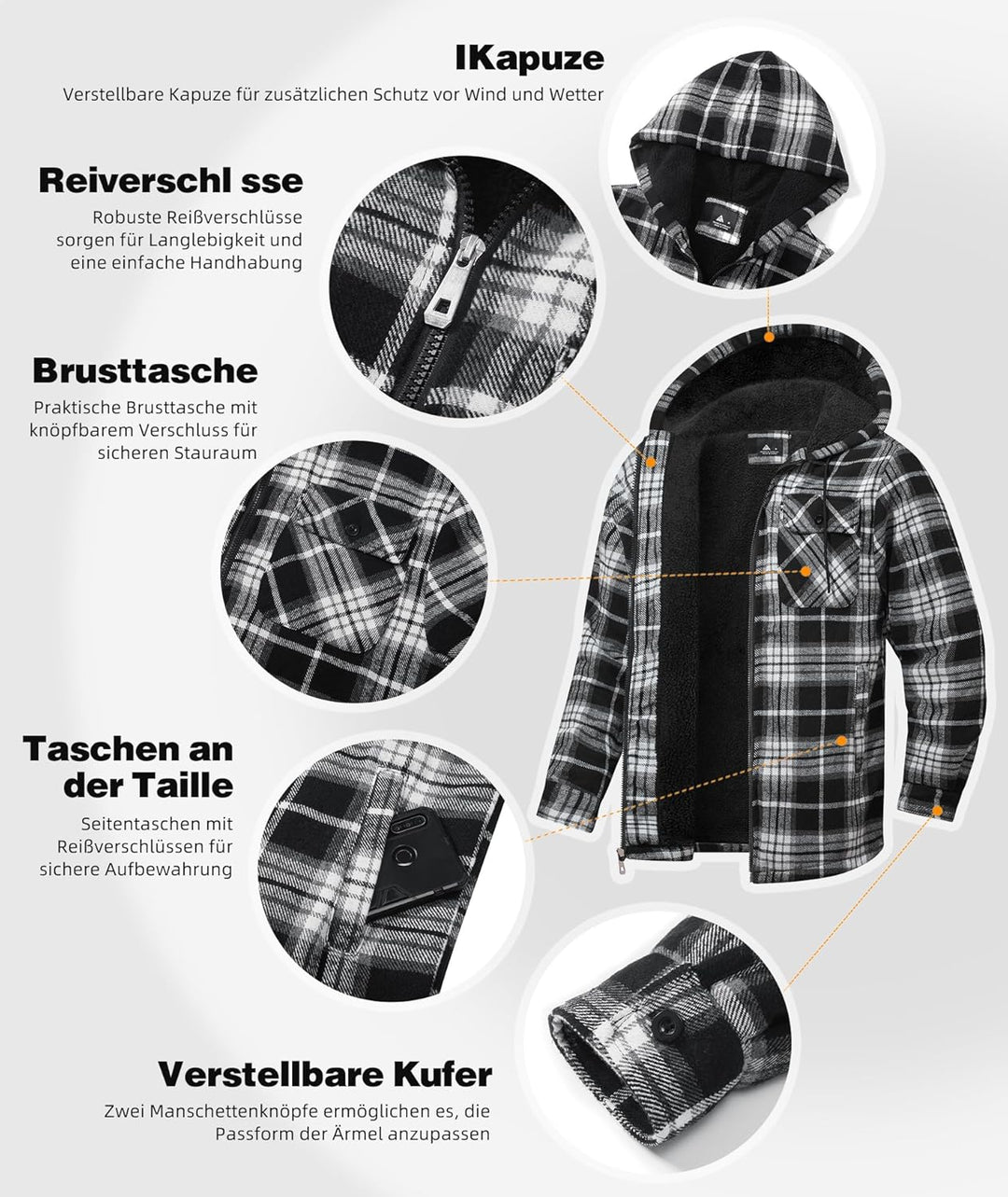 JACKETOWN Hemdjacke Herren Kariertes Winterjacke Thermohemd Fleece Gefüttert Freizeit Jacke mit Kapu