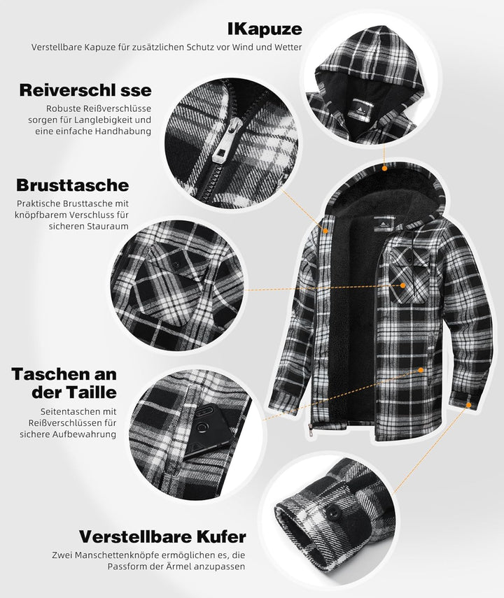 JACKETOWN Hemdjacke Herren Kariertes Winterjacke Thermohemd Fleece Gefüttert Freizeit Jacke mit Kapu