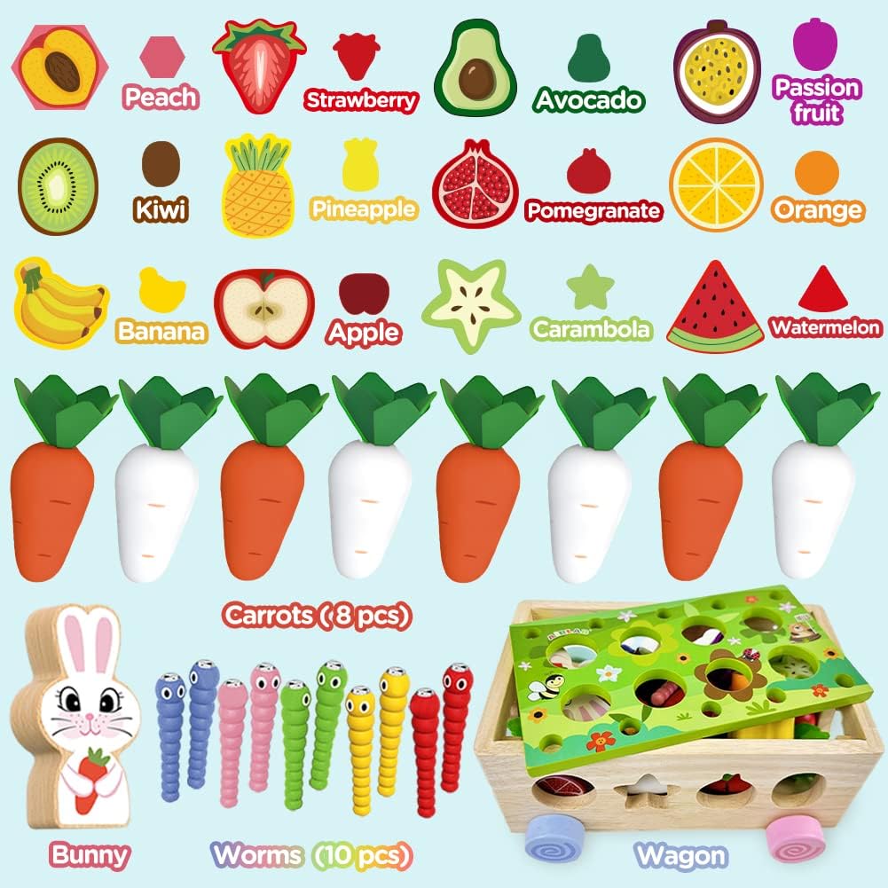 Airlab Montessori Spielzeug ab 1 2 3 Jahren, Holzspielzeug für Kinder, 7-in-1 Karottenernte Motoriks