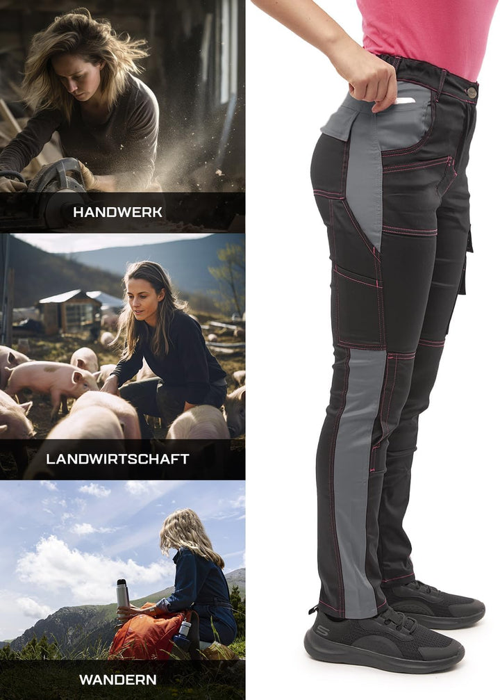 strongAnt Damen Arbeitshose komplett Stretch für Frauen Bundhose mit Kniepolstertaschen Schwarz Grau