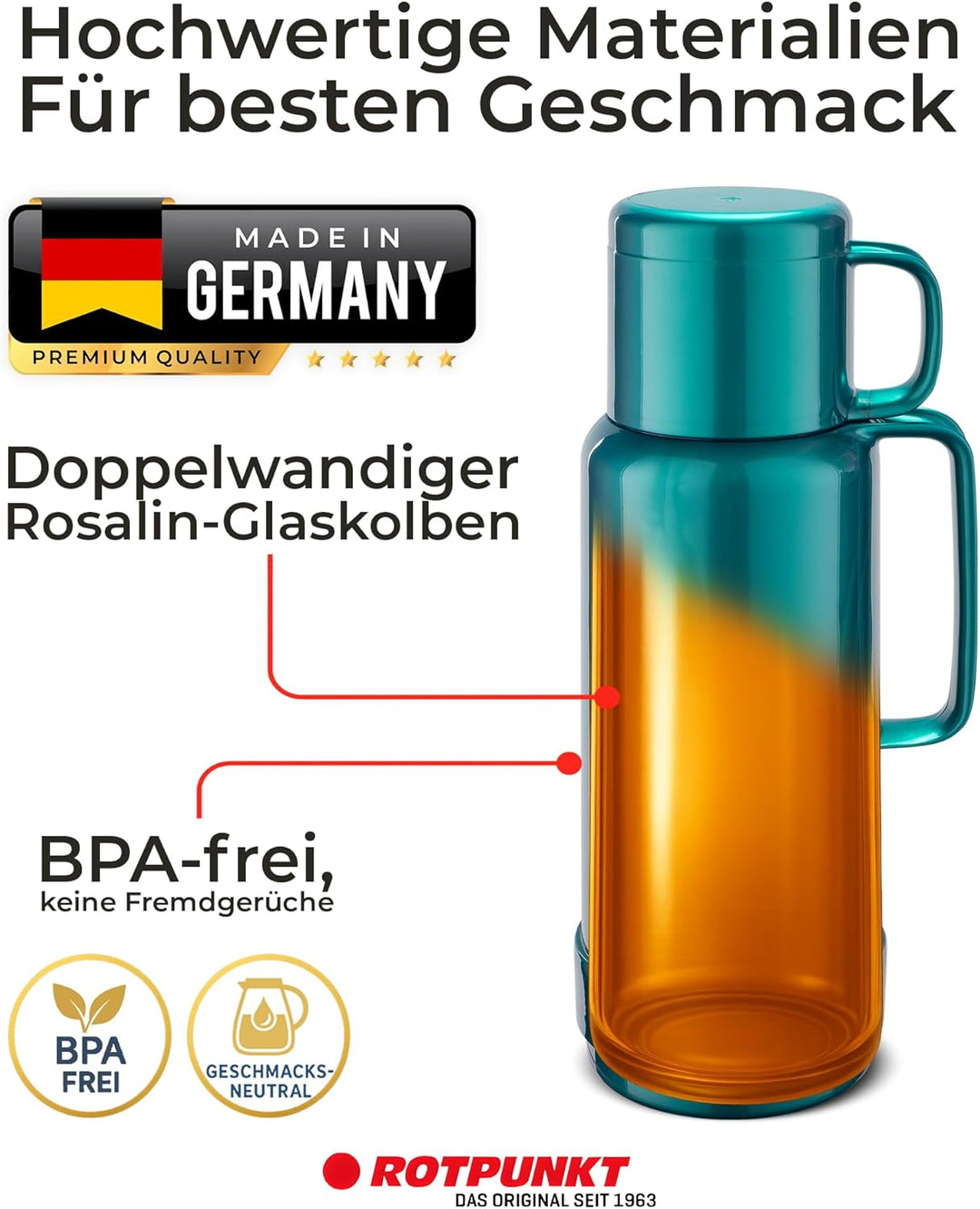 ROTPUNKT Isolierflasche 1 Liter mit integriertem Becher - Hochwertige Isolierkanne Made in Germany I