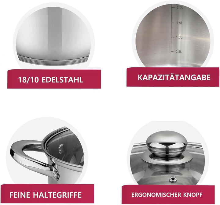 10-tlg Edelstahl Kochgeschirr Set Induktion Kochtopf Topf mit Deckel