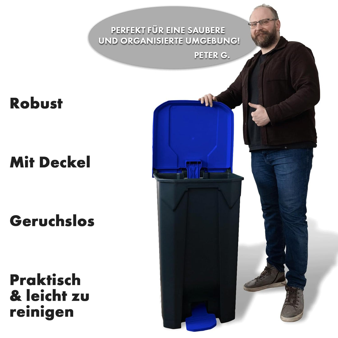Floordirekt Mülleimer 80 Liter, Blauer Deckel, Abfalleimer für Küche und Büro, Mülltrennsystem, Tret