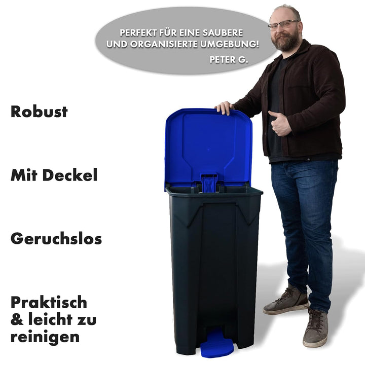 Floordirekt Mülleimer 80 Liter, Blauer Deckel, Abfalleimer für Küche und Büro, Mülltrennsystem, Tret