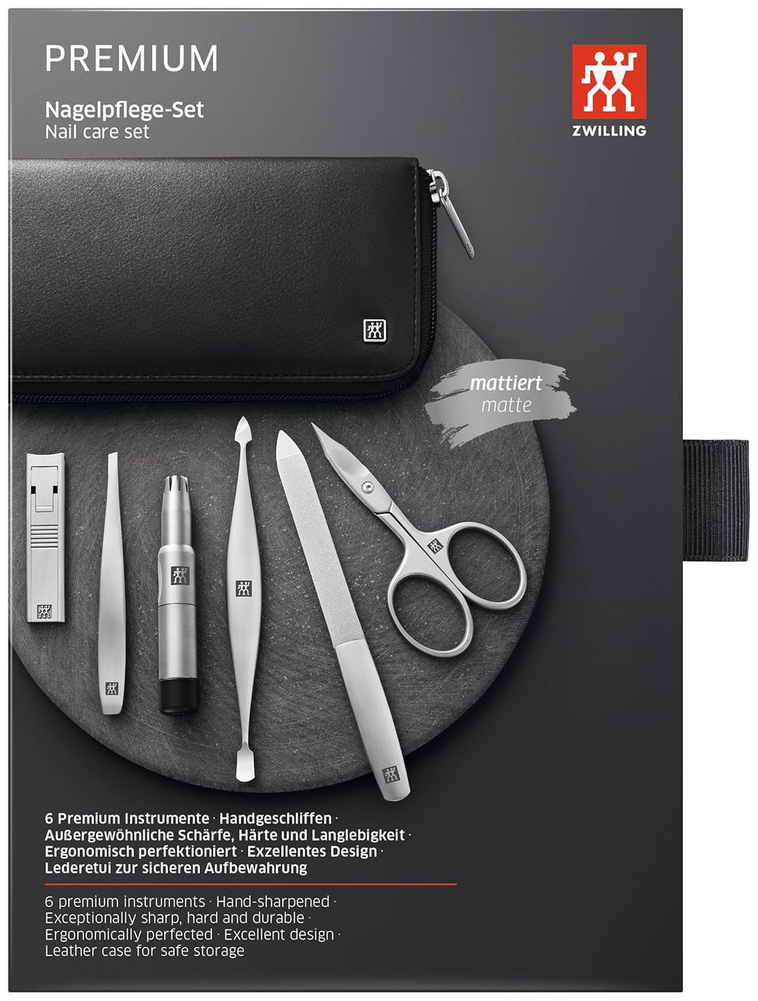 ZWILLING Maniküreset 6-teilig Nagelpflegeset aus Rindleder mit Reissverschluss, Premium, Schwarz