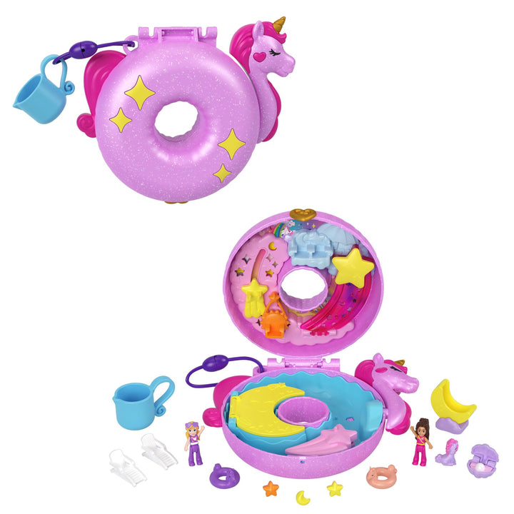 Polly Pocket-Puppen und -Spielsets, 12 Zubehörteile, Einhornfloss-Schatulle mit Wasserspass und 2 Te