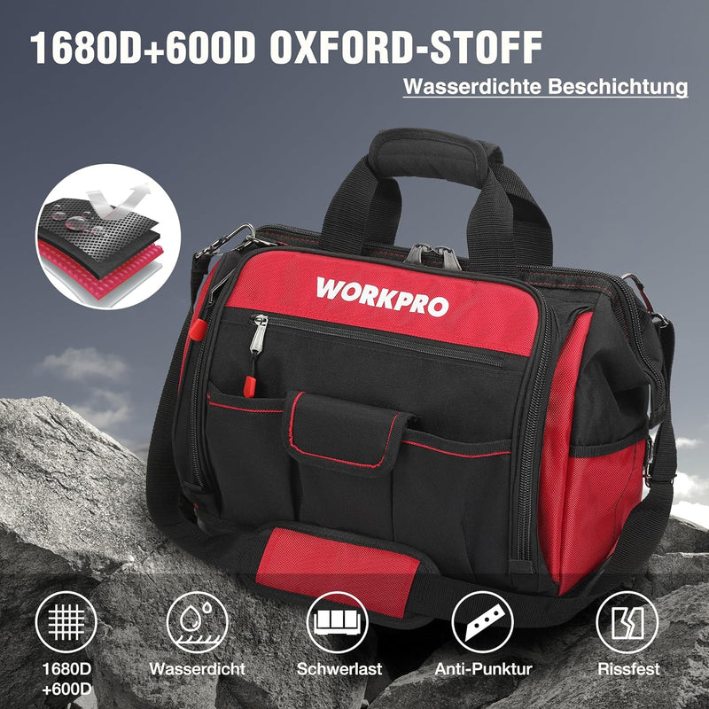 WORKPRO Elektriker Wasserdichte Werkzeugtasche Profi, weite Öffnung & grosse Kapazität 42CM/16" aus