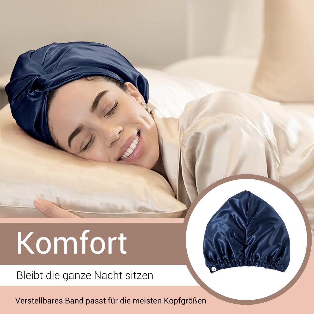 ‌LaCourse Rutschfeste Verstellbare Echte 22 Momme 100% Maulbeerseiden-Seidenhaube zum Schlafen, Dopp