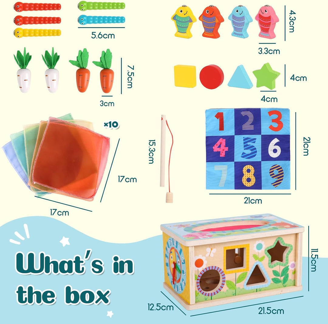LZDMY Montessori Spielzeug Baby ab 6 Monate, 6-in-1 Tücherbox mit Knistertuch, Motorikwürfel Holzspi