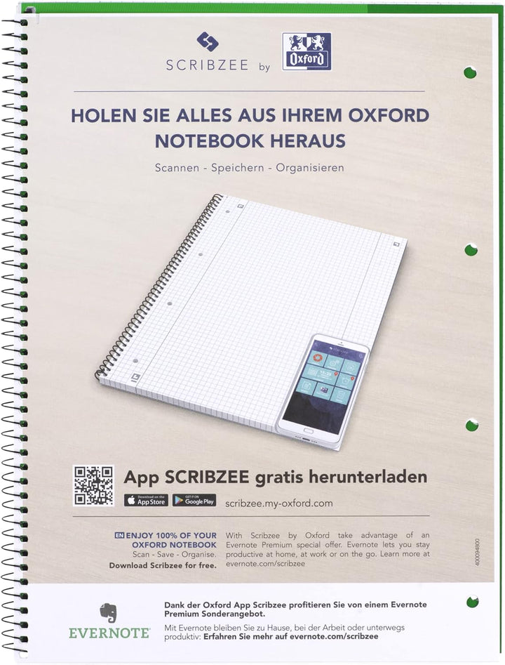 Oxford Linkshänder-Collegeblock A4 kariert, 80 Blatt, grün, 10 Stück Organiserbook Lineatur 38 -kari