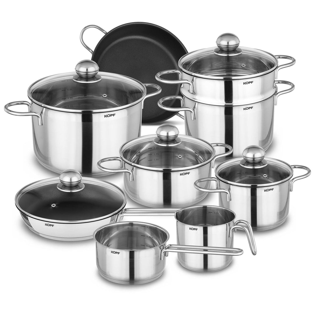 Kopf Topfset Josie aus Edelstahl - Induktionstöpfe mit Schüttrand, Literskala und Glasdeckel – 14-te