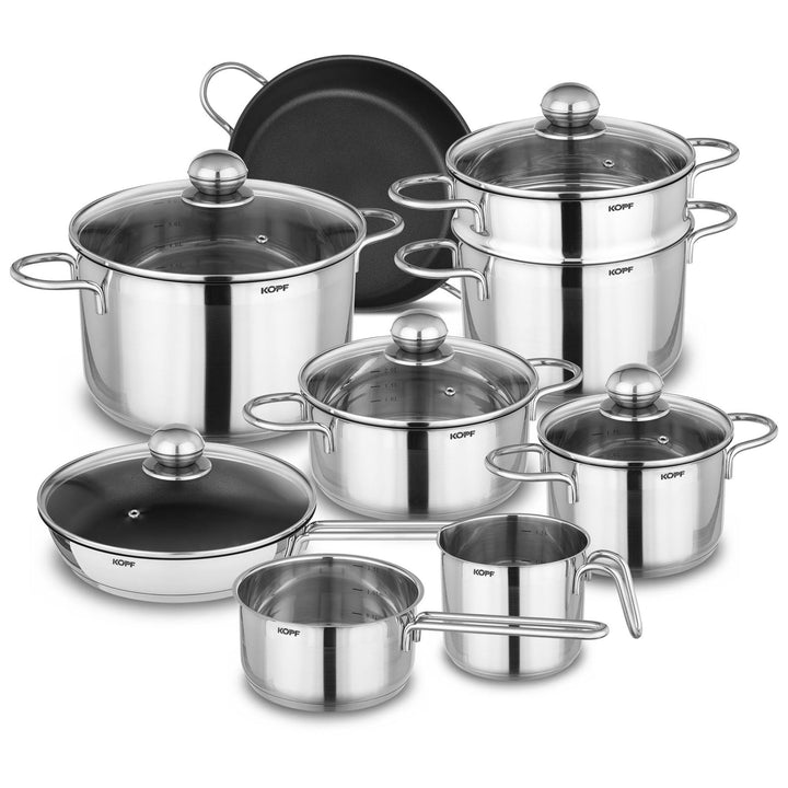 Kopf Topfset Josie aus Edelstahl - Induktionstöpfe mit Schüttrand, Literskala und Glasdeckel – 14-te