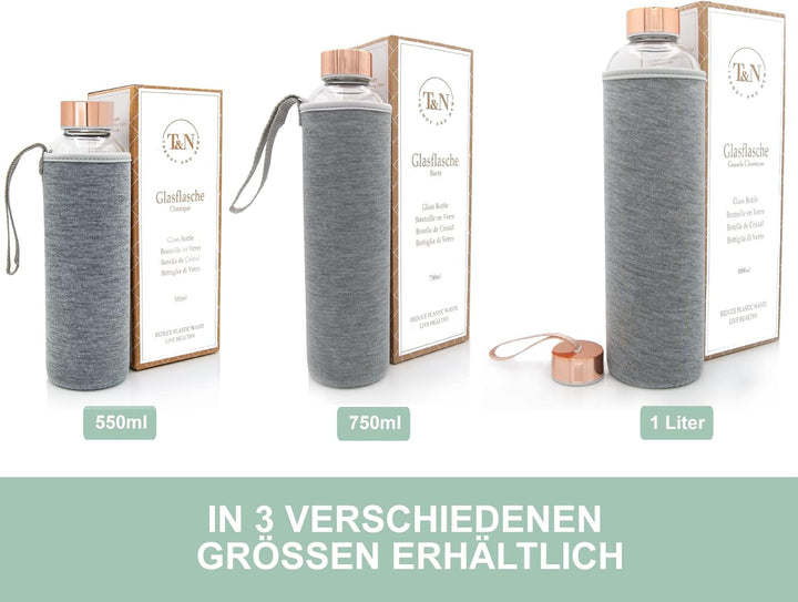 T&N Glasflasche 1 Liter / 750ml / 500ml – Trinkflasche Glas 1l mit Neoprenhülle – Wasserflasche Ausl