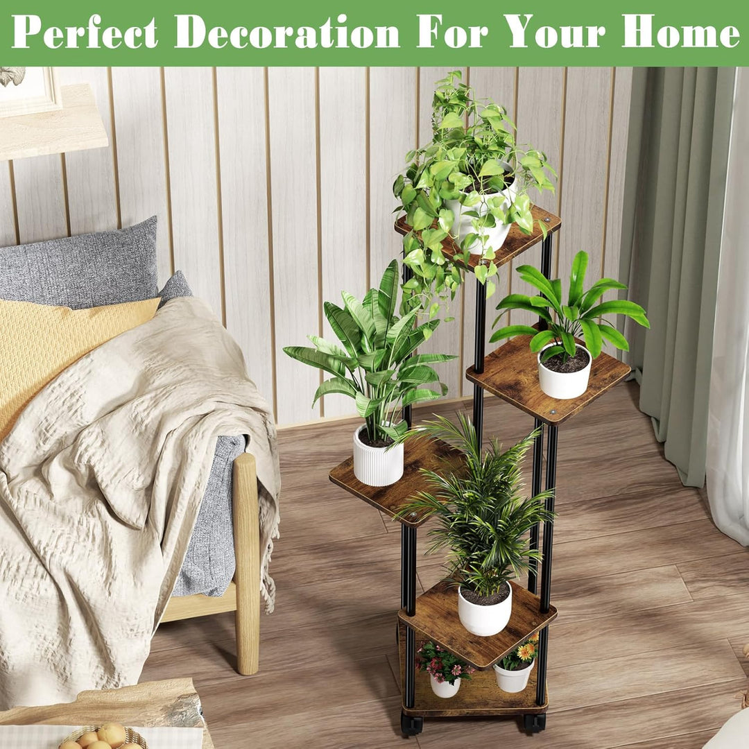 Blumenständer Pflanzenständer 5 Tier Holz, Pflanzenregal Mit Abnehmbaren Rollen, Modernes Blumenrega
