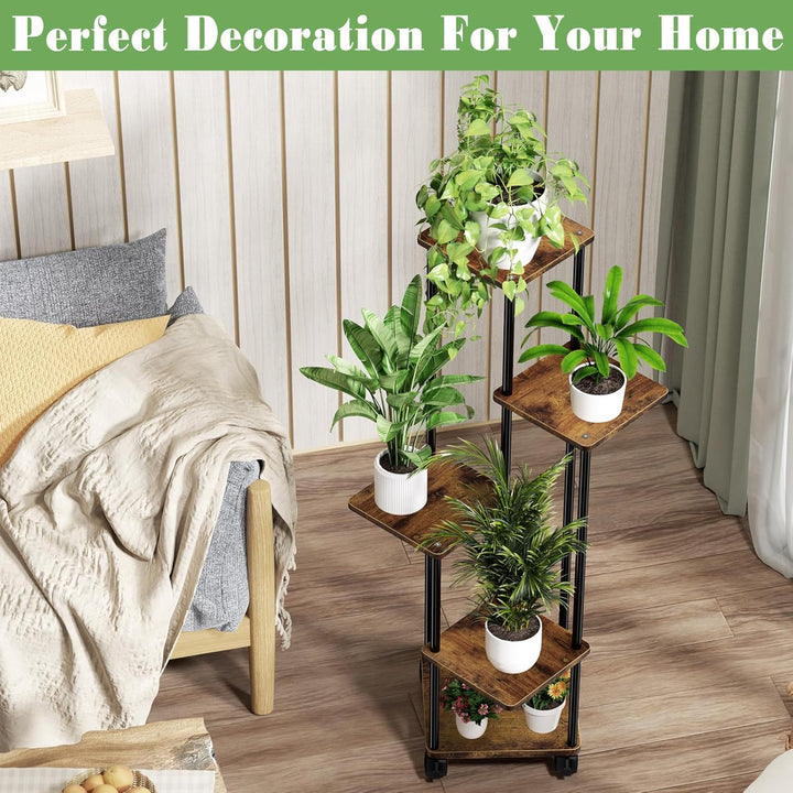 Blumenständer Pflanzenständer 5 Tier Holz, Pflanzenregal Mit Abnehmbaren Rollen, Modernes Blumenrega