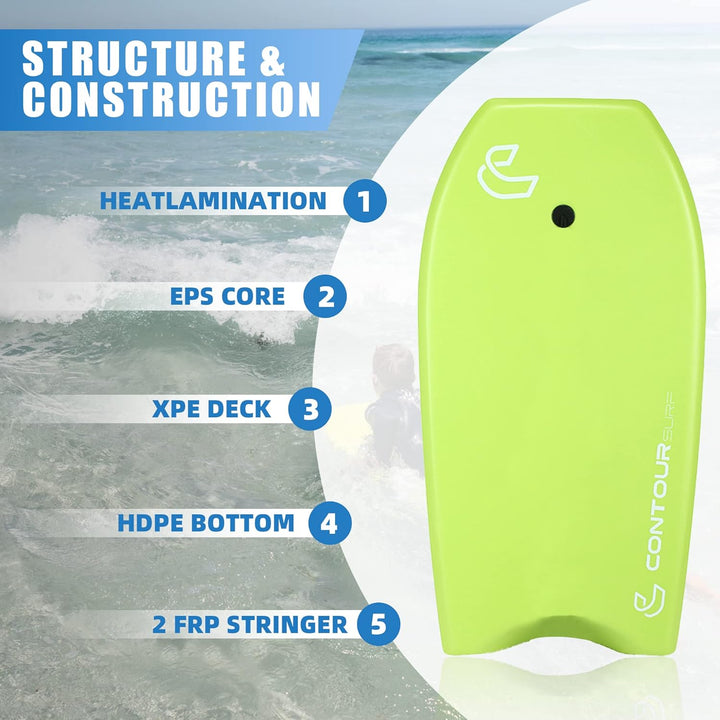 Body Boards for Beach Lightweight Durable Body Board with EPS Core Dual Channel Double Swivel Coiled