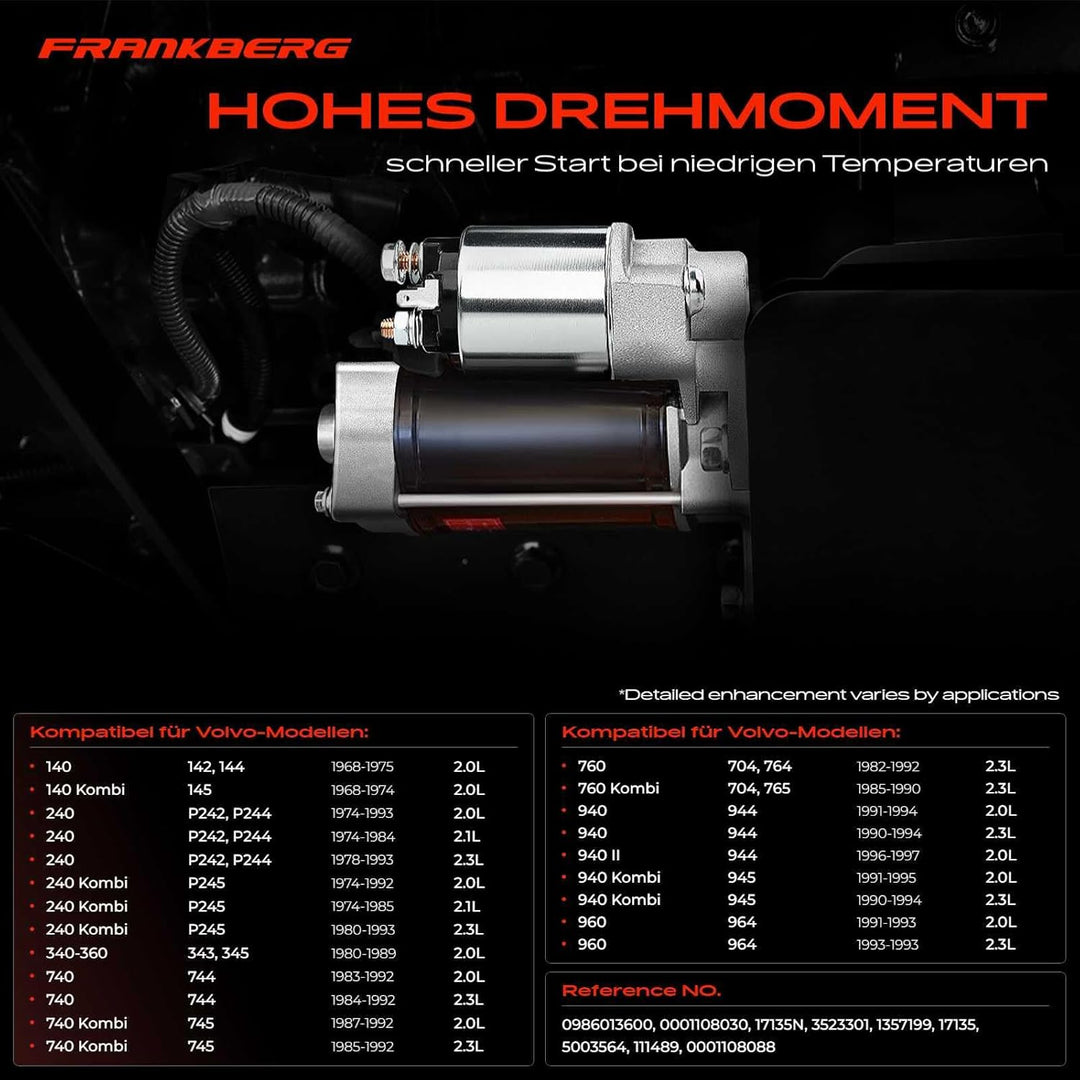 Frankberg Anlasser Starter 1.4KW Kompatibel mit 140 2.0L 1968-1975 240 2.0L-2.3L 1974-1993 340-360 2