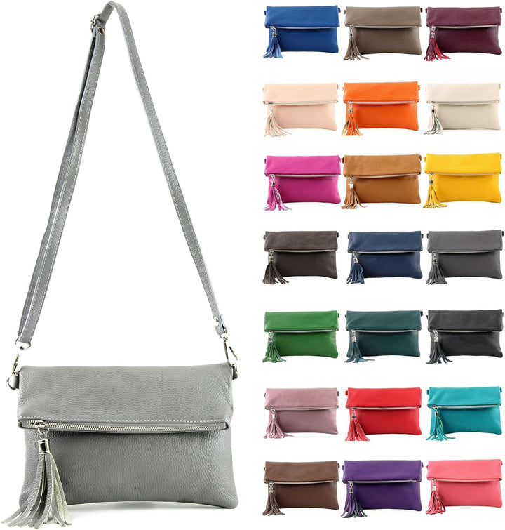 modamoda de - T167 - ital Clutch Umhängetasche Leder Klein Braun, Braun