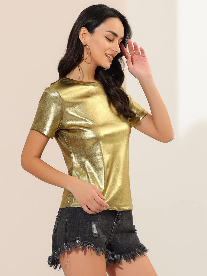Allegra K Damen Sexy Metallic Party Top Outfit Festival Glitzer Kurzarm Rundhals T-Shirt Oberteil Bl